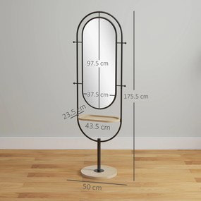 HOMCOM Oglindă de tip stand ovală cu suport de lemn, 4 cârlige și cadru metalic, 50 x 40 x 175,5 cm, negru | Aosom Romania