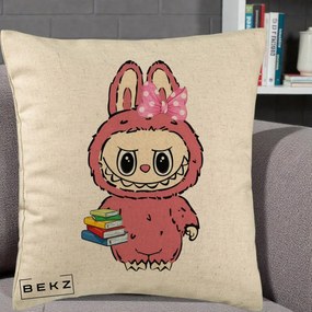 Perna Personalizata Labubu Roz cu Funda si Carti, 40x40 cm, Bej, Husa Detasabila, Perna Inclusa, BEKZ®