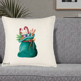 Perna Decorativa Saculet Cadouri Mos Craciun Acuarela Verde, 40x40 cm, Crem Reliefat, Husa Detasabila, Perna Inclusa, BEKZ®