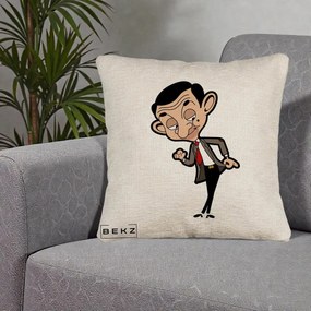 Perna Personalizata Mr. Bean Caricatura, 40x40 cm, Bej Canapea, Husa Detasabila, Perna Inclusa, BEKZ®