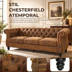 HOMCOM Canapea Chesterfield 3 Locuri din Material Respirabil cu Aspect de Piele, Șezut Lat, Umplutură Groasă, Maro Cafea | Aosom Romania