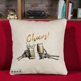 Perna Decorativa Halloween Cheers Schelete cu Bere, 40x40 cm, Bej Canapea, Husa Detasabila, Perna Inclusa, BEKZ®