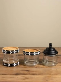 Set 3 borcane suprapuse din sticlă cu margini și capac din lemn de mango negru, model cu frunze stilizate albe, 42 × 14 cm, „Sylve"