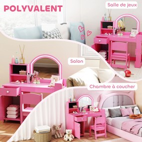 AIYAPLAY Masă de machiaj pentru copii cu taburet și oglindă LED, masă de machiaj pentru 3-8 ani, 88,6 x 38,8 x 96,9 cm, roz | Aosom Romania