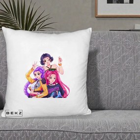 Perna Personalizata K-pop HUNTRX Trio Animat Fete Foto, 40x40 cm, Alb Pufos, Husa Detasabila, Perna Inclusa, BEKZ®