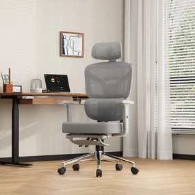 NEXORA CONFORT – Scaun ergonomic, suport lombar 3D adaptiv, tetieră 4D, cotiere 3D, șezut glisant, recliner 135°, suport pentru picioare, bază metalică, Mesh, Gri