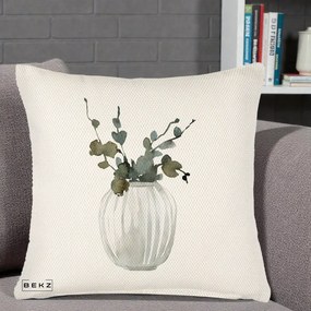 Perna Decorativa Vaza cu Eucalipt Watercolor, 40x40 cm, Crem Reliefat, Husa Detasabila, Perna Inclusa, BEKZ®