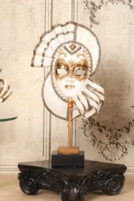 Mască decorativă din polirășină, alb și auriu, pe suport, 37 x 20 x 9 cm, „Carnaval”