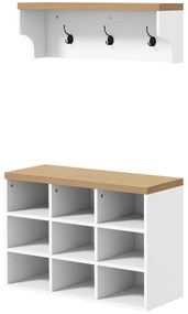 HOMCOM Set mobilier pentru hol 2-în-1 cuier de perete băncuță pentru încălțăminte 3 cârlige și 9 nișe 75x30x50cm alb și stejar | Aosom Romania