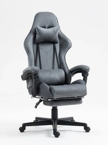 Scaun gaming, masaj în perna lombară, suport picioare, catifea, Gri