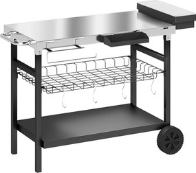 Outsunny Cărucior de grădină cu 3 niveluri, blat din inox, roți, cârlige, coș detașabil, mâner lateral, 114x61x81 cm, negru | Aosom Romania