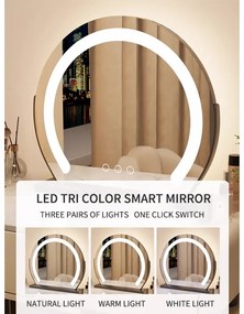 RESIGILAT- Set KARLA, Masă de toaletă pentru machiaj cu oglindă iluminată LED, control touch, 5 sertare, comoda, scaun tip boucle, IVORY