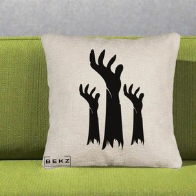 Perna Decorativa Halloween Maini Zombie Alb-Negru, 40x40 cm, Bej Canapea, Husa Detasabila, Perna Inclusa, BEKZ®