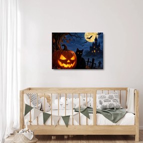 Tablou pe sticlă - Pisică neagră lângă un dovleac luminat de Halloween (70x50 cm)