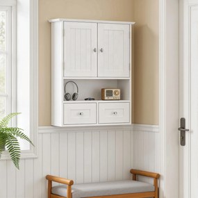Kleankin Dulap de Perete pentru Baie cu 2 Uși, un Raft Deschis și 2 Sertare, Mobilier Multifuncțional, 50,8x17,8x66 cm, Alb | Aosom Romania