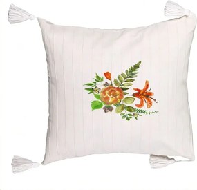 Perna Decorativa cu Franjuri, Model Florale, 40x40 cm, Bej cu Franjuri, Husa Detasabila, Perna Inclusa, BEKZ®