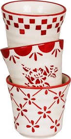Cană din ceramică artizanală, natur, cu motive florale pictate manual în roșu și bordură decorativă, fără mâner, 7,3 × 6,5 cm, „Marion Clover"