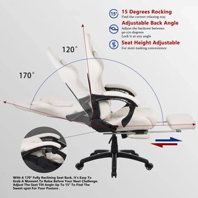 DOWINX Scaun gaming, ergonomic, suport lombar cu masaj, spătar înalt, reglabil, tetieră, suport picioare, rezistent 150 kg, piele PU, Ivory