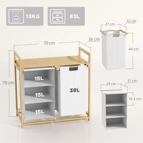 HOMCOM Coș pentru Rufe cu 2 Saci Detașabili, Dulap pentru Rufe de Baie cu Mânere și Raft din Bambus, 70x36x70 cm, Alb | Aosom Romania