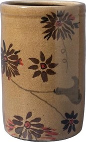 Borcan din ceramică artizanală natur cu capac, motive florale și păsări pictate manual, maro și roșu, 22,5 × 13,5 cm, „Campana"