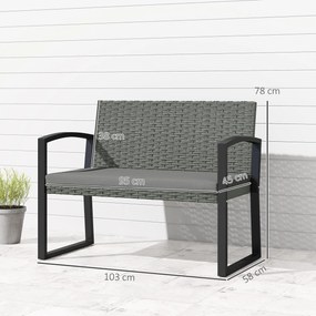 Outsunny Banc de grădină 2 locuri, banc de exterior din resină împletită PE cu pernă, oțel galvanizat, 103x58x78cm, gri și negru | Aosom Romania
