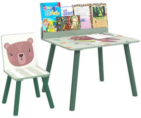 AIYAPLAY Birou Copii cu Raft pentru Depozitare din MDF și Lemn de Pin, cu Masă și Scaun, 60x48x53.5 cm, Verde | Aosom Romania