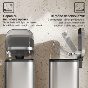 Coș de Gunoi HOMCOM de 30L cu Închidere Amortizată și Găleată Detașabilă, Pedală din Metal și PP, 29x36x59,5 cm, Argintiu | Aosom Romania