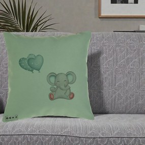 Perna Decorativa, Model Elefant si baloane in forma de inimioare, 40x40 cm, Verde, Husa Detasabila, Perna Inclusa, BEKZ®