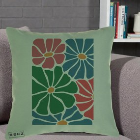 Perna Decorativa Flori Grafice Verde-Roz-Albastru, 40x40 cm, Verde, Husa Detasabila, Perna Inclusa, BEKZ®