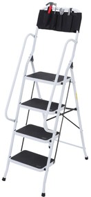 HOMCOM Scară pliabilă 4 trepte XL cu trepte antiderapante, bare duble de siguranță, geantă scule, max.1,55 m, 150 kg, otel, alb/negru | Aosom Romania