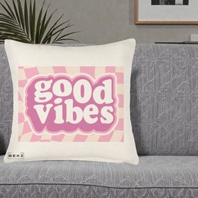 Perna Decorativa Good Vibes Retro Roz, 40x40 cm, Crem Reliefat, Husa Detasabila, Perna Inclusa, BEKZ®
