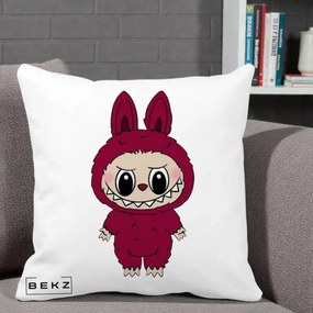 Perna Personalizata Labubu Rosu-Visiniu Solo, 40x40 cm, Alba Mata, Husa Detasabila, Perna Inclusa, BEKZ®