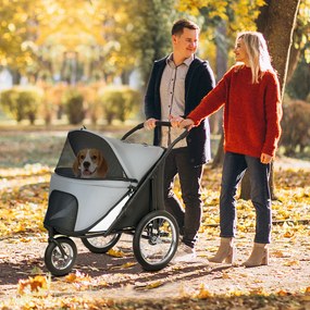 PawHut Cărucior pentru câini 3 roți cu pliere ușoară, buzunar de depozitare, pernă moale, lesă de siguranță, gri | Aosom Romania