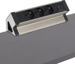 Priza pentru birou Desk Box Design Light, 3 prize Schuko, USB A + C, otel periat   negru, 244 x 75 mm Aluminiu Plastic, Otel periat Negru, L:244 mm; l