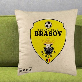 Perna Personalizata FC Brasov Fotbal Romania, 40x40 cm, Bej, Husa Detasabila, Perna Inclusa, BEKZ®