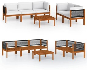 Set mobilier gradina cu perne. crem, 6 piese, lemn masiv acacia 4x colt + mijloc + masa, 1