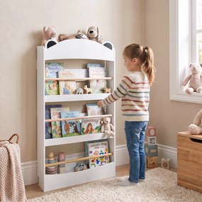 AIYAPLAY Bibliotecă Montessori pentru Copii 3-8 Ani, Ursuleț, cu 4 Polițe din Lemn, 50x15x97 cm, Alb | Aosom Romania