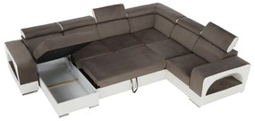 colţar în formă de U, piele ecologică albă/material textil maro, model stânga, KAMELIA