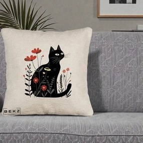 Perna Decorativa Pisica Neagra Flori Rosii Folk, 40x40 cm, Bej Canapea, Husa Detasabila, Perna Inclusa, BEKZ®