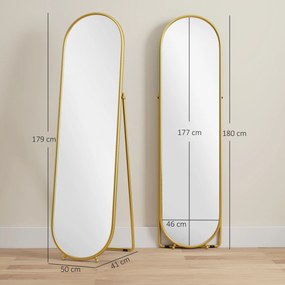HOMCOM Oglindă Înaltă cu Cadru de Susținere, Oglindă Ovală pentru Dormitor sau Living, 40x4x160 cm, Auriu | Aosom Romania