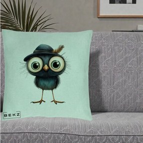 Perna Decorativa Pui Misterios cu Palarie Neagra, 40x40 cm, Verde Menta, Husa Detasabila, Perna Inclusa, BEKZ®