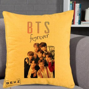 Perna Personalizata K-pop BTS Forever cu Foto Grup Negru, 40x40 cm, Galben, Husa Detasabila, Perna Inclusa, BEKZ®