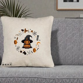 Perna Decorativa Halloween Dovleac Vrajitor Boo cu Simboluri, 40x40 cm, Bej Canapea, Husa Detasabila, Perna Inclusa, BEKZ®