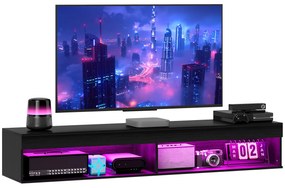 HOMCOM Suport TV Plutitor cu Lumini LED pentru Televizoare de Până la 190 cm, Consolă Media cu Raft de Depozitare, 180x40x30 cm, Negru | Aosom Romania