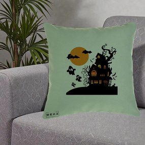 Perna Decorativa Halloween Casa Bantuita cu Fantome, 40x40 cm, Verde, Husa Detasabila, Perna Inclusa, BEKZ®