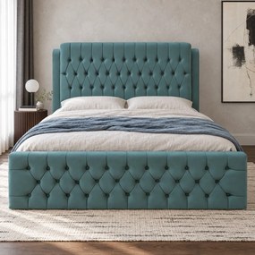 Pat tapițat din catifea Aveline 180×200 cm, verde marin, cu ladă de depozitare