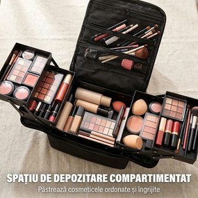 HOMCOM Trusă Machiaj Profesională, 4 Compartimente Interioare Detașabile, Curea și Mâner, 27,5x19,5x24,5 cm, Negru | Aosom Romania