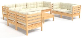 Set mobilier gradina cu perne crem, 9 piese, lemn masiv de pin maro si crem, 1