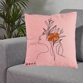 Perna Decorativa Portret Feminin Floare Portocalie Lateral, 40x40 cm, Roz, Husa Detasabila, Perna Inclusa, BEKZ®