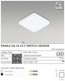 Plafoniera LED slim cu senzor de miscare si protectie IP40 PANKA SQ 23 CCT negru